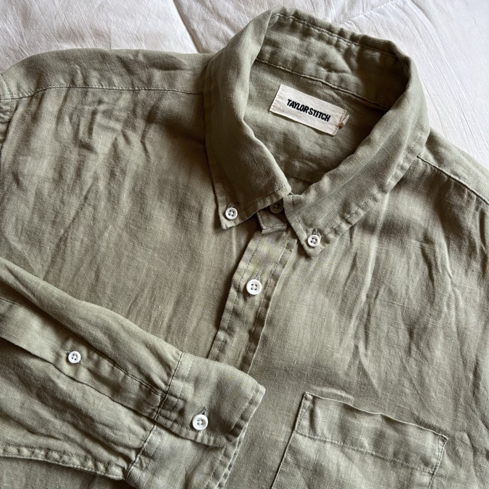 Taylor Stitch 100% Linen The Jack Shirt Mens 40 M Green Button Down Minimal EUC